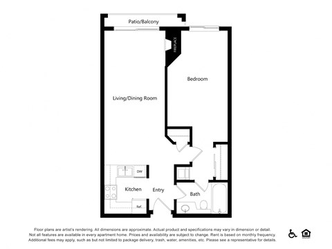 Floor plan for 1 bed, 1 bath, 611 sqft
